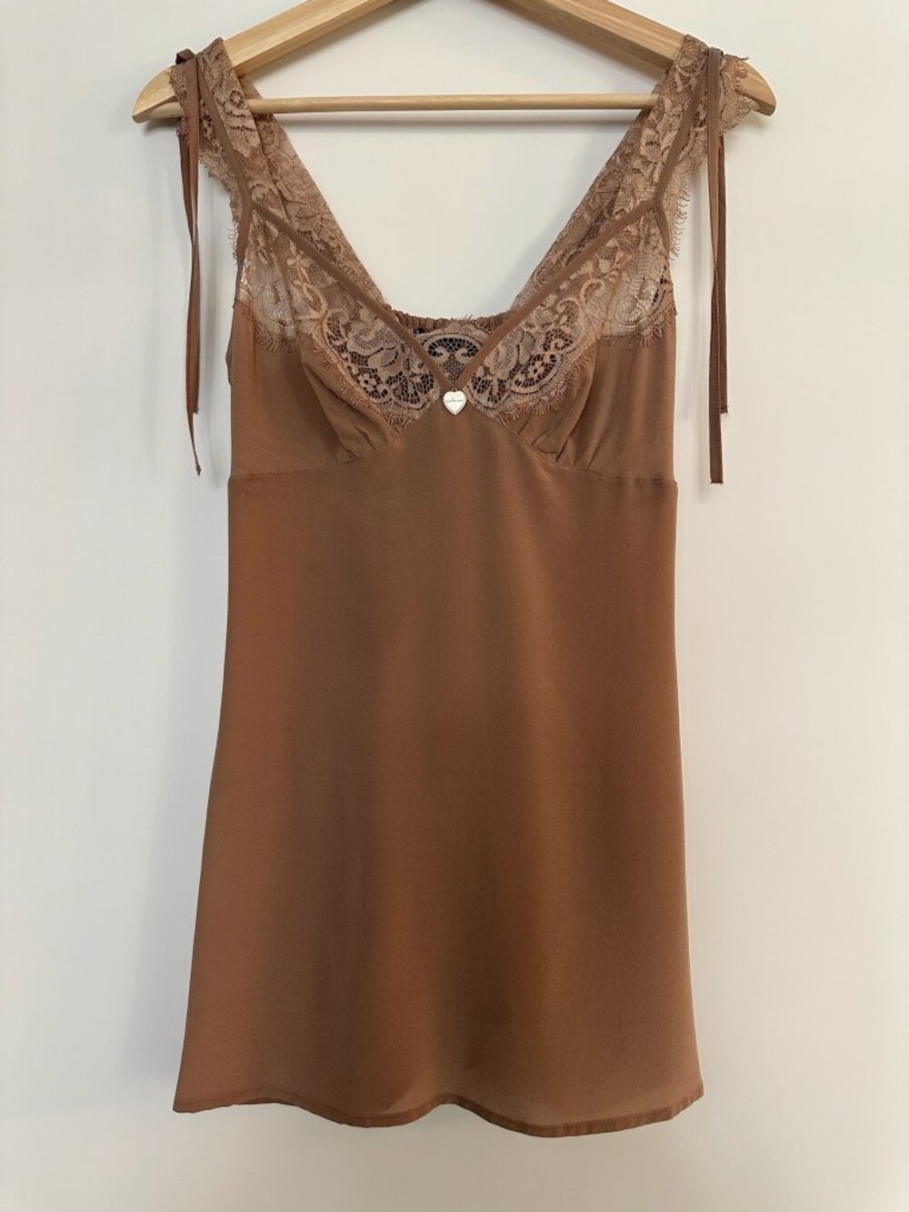 Tan Brown Silk Top Lace Slip Cami Romantic Feminine Lingerie Style Italian Size